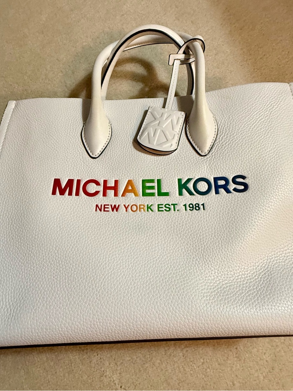 Michael Kors White Pebbled Leather Tote with Rainbow Logo
